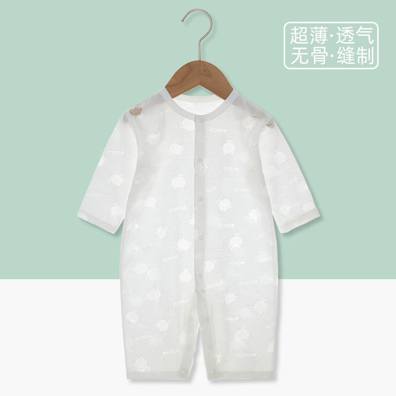 婴儿连体衣服夏季空调服夏天爬行服超薄款长袖宝宝哈衣烧花透气款