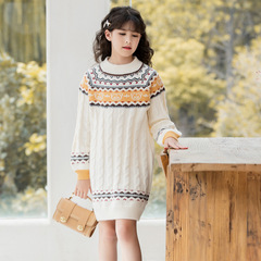 高端小熊女童毛衣2024秋冬新款中長款兒童毛衣裙子童裝針織連衣裙
