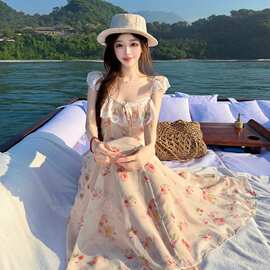 浅夏花语法式温柔浪漫度假连衣裙仙气掐腰绝美碎花长裙夏季