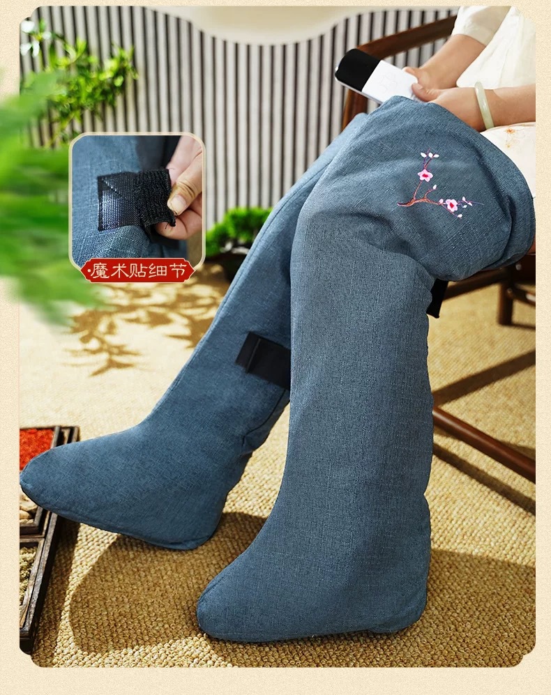 Electric Heating Moxibustion Boot Warmers Blue Embroidered Pair for Knees Legs and Feet Heat Therapy specifications