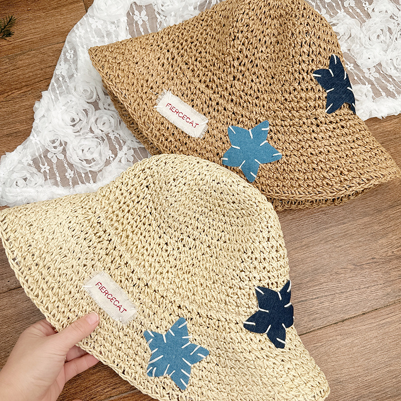 Star hollow woven straw hat French hollow breathable fisherman hat…