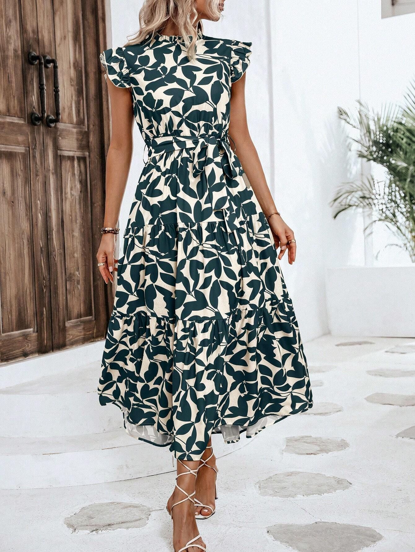 350g Weight Midi Dress Dress Length Type Sleeveless Sleeve Length Swing Dress Dresses Type Flounce Sleeve Sleeve Type Polyester Fabric Type High Waist Waist Line Holiday, Daily Occasion Standing Collar Neckline Slim Fit Type Leaf Pattern Summer Season Women's Gender Printing Design Elegant, Streetwear Style Wholesale Women's Elegant Streetwear Printing Leaf Holiday Daily Standing Collar Sleeveless Swing Dress 6