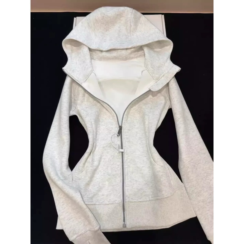 White and gray hooded sweatshirt jacket for women, spring and autumn, slim fit, petite, zip-up cardigan, short waist-cinching top White and gray hooded sweatshirt jacket for women, spring and autumn, slim fit, petite, zip-up cardigan, short waist-cinching top
