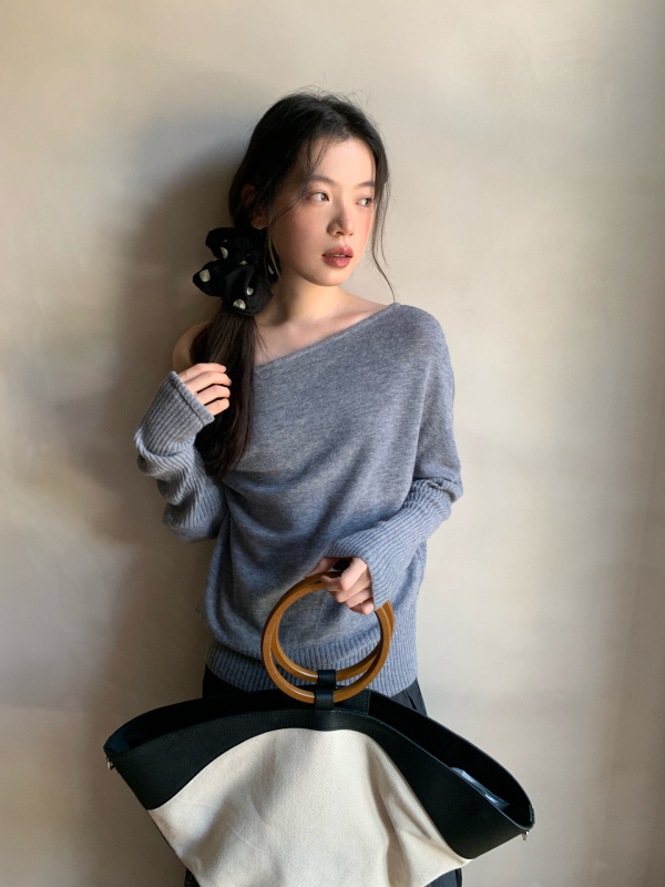 诠释美 NEWOPEN 25秋多色全羊毛坑条长袖斜肩两穿套头毛衣女F6252|undefined