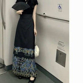 新中式黑色马面裙女2024夏季新款重工改良半身裙国风通勤长裙套装