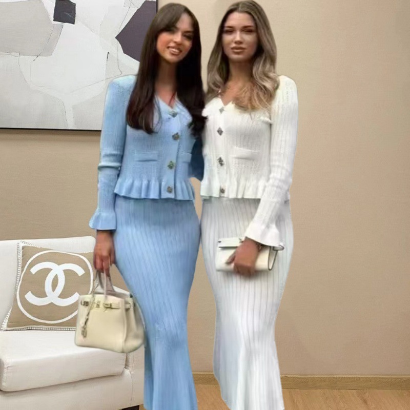 亚马逊秋冬季新款针织连衣裙修身设计感打底毛衣＋包臀鱼尾半身裙