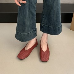 25新款法式复古风编织方头乐福鞋女浅口百搭平底一脚蹬奶奶鞋