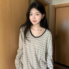 原版色织雪花设计感小众正肩条纹长袖T恤女春秋宽松显瘦慵懒上衣