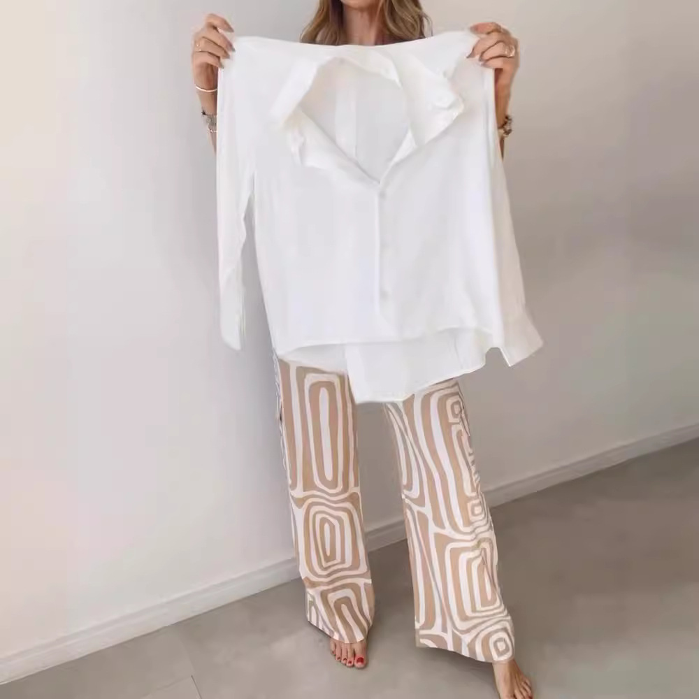 Women's Digital Print Loose Fit Shirt And Wide Leg Pants Two-Piece Set For Casual & Office Wear_ecoleips.com