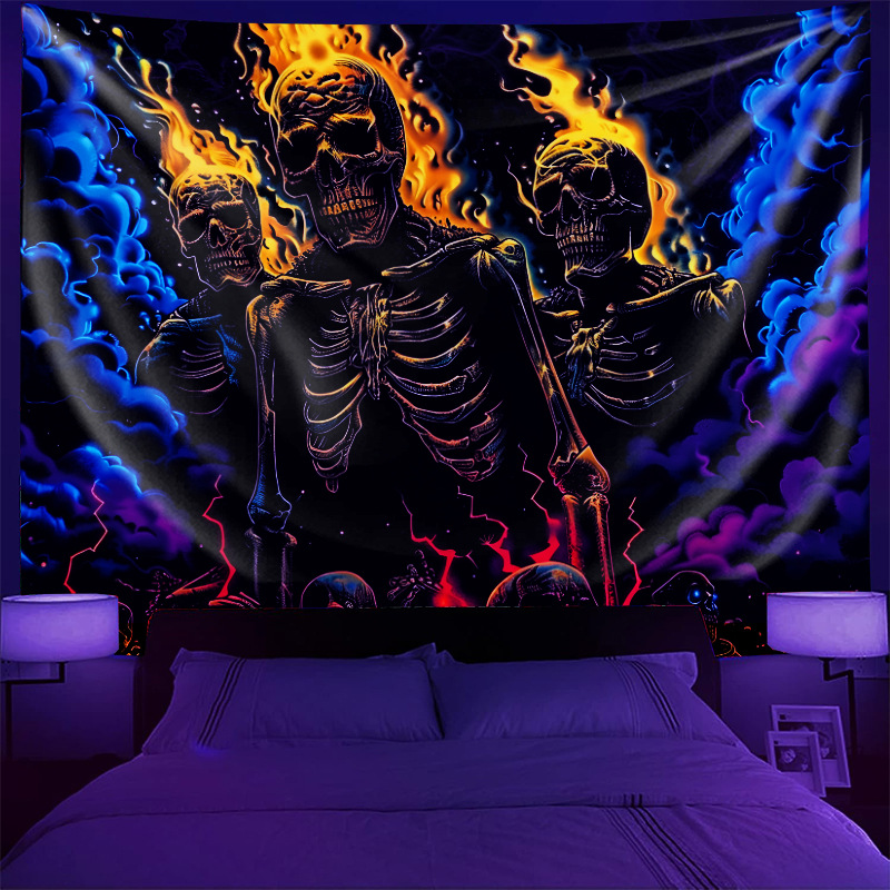 아마존 뜨거운 판매 맞춤형 형광 태피스트리 대외 무역 달 해골 형광 교수형 천 홈 인테리어 소스 제조 업체