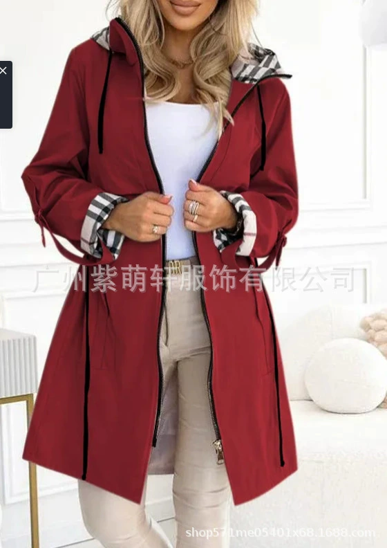 Демисезонное trench coat женское, с капюшоном, европейский стиль, молния и шнурок