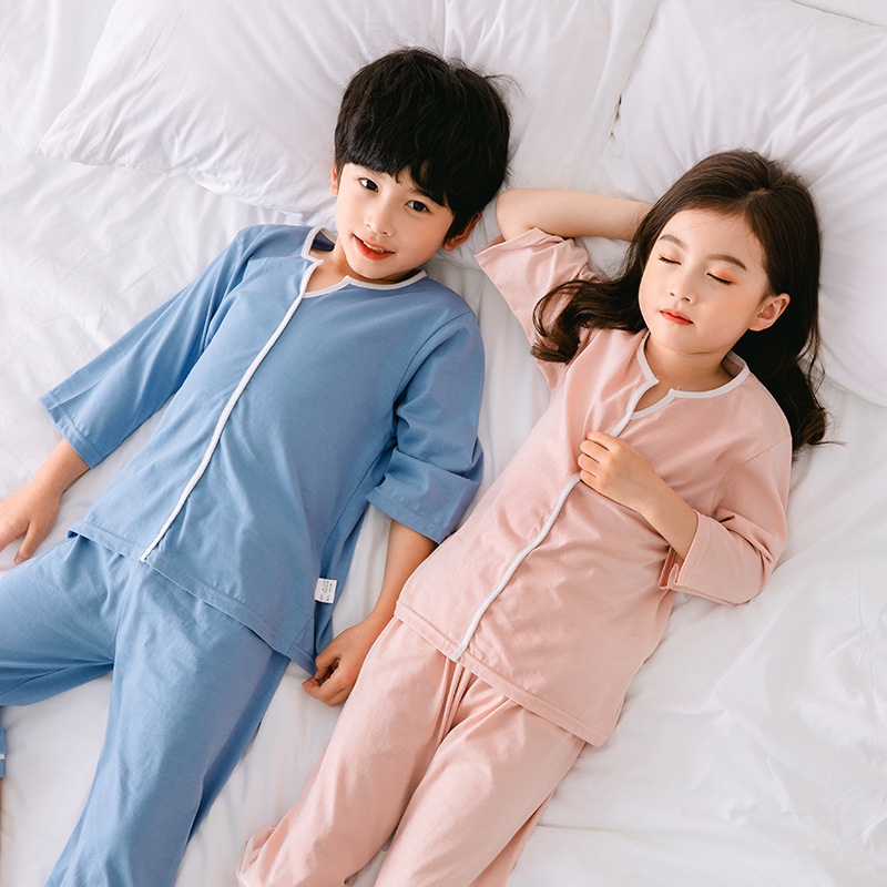 children V-neck suit Boy girl Thin section baby Three Quarter Sleeve pure cotton summer boy Home Furnishings