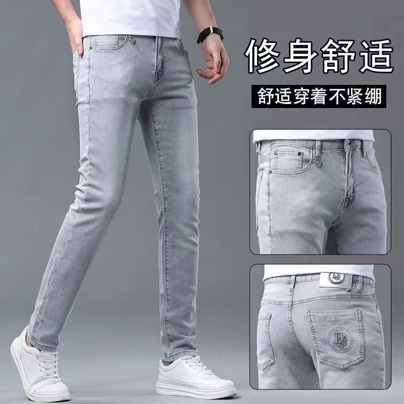 Hong Kong European Style Summer Thin Light Gray Jeans for Men, Trendy Brand Slim Fit Skinny Stretch 2025 New Fashion