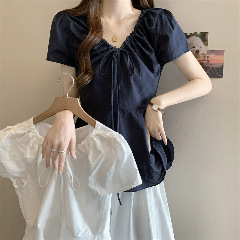 大码胖mm2025夏季独特抽绳V领短袖衬衫女修身显瘦荷叶边显瘦上衣