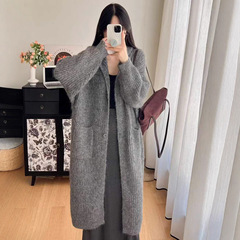 连帽长款毛衣外套女慵懒风秋冬季宽松加厚高级感带帽针织开衫大衣