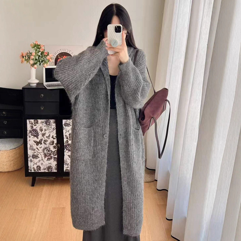 连帽长款毛衣外套女慵懒风秋冬季宽松加厚高级感带帽针织开衫大衣|undefined