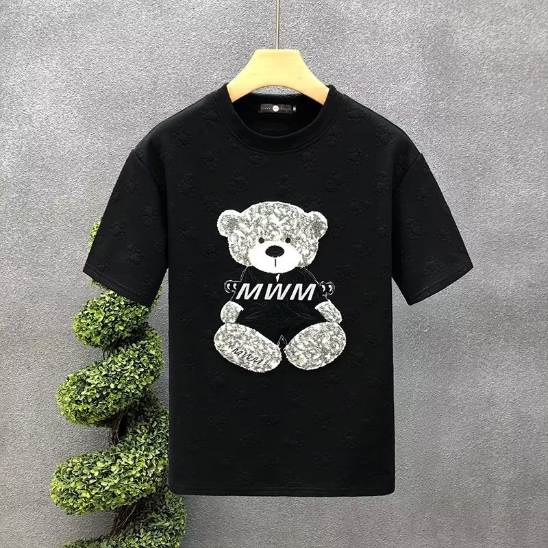 Camiseta masculina de manga curta com bordado de urso de alta qualidade, gola redonda, tendência de desenho animado -- rosto do Tiktok para impressão_voghion.com