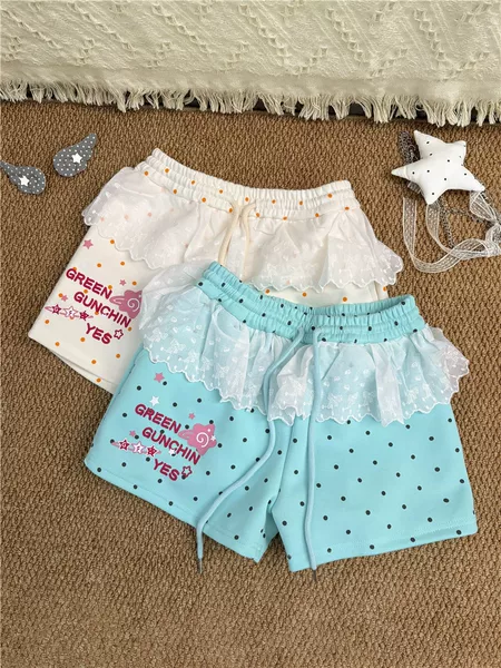 Dopamine Lace Polka Dot Shorts for Women, Summer Cute Korean Style Drawstring High-Waisted Slimming Casual Pants, Lace Sleep Pants