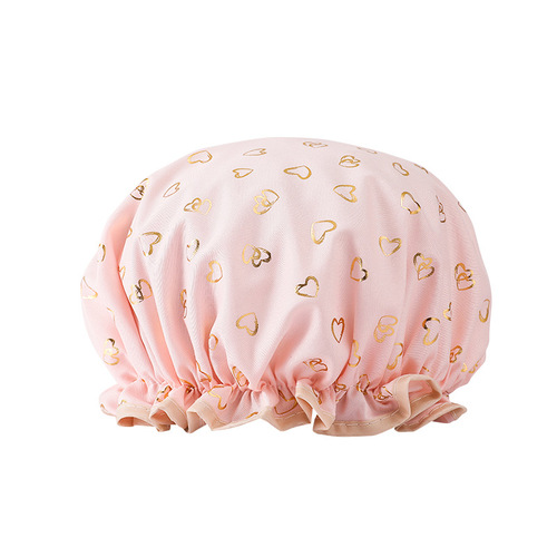 Double-layer Waterproof Hair Hat with Gold Foil Print Polyester PEVA Shower Hat for Women