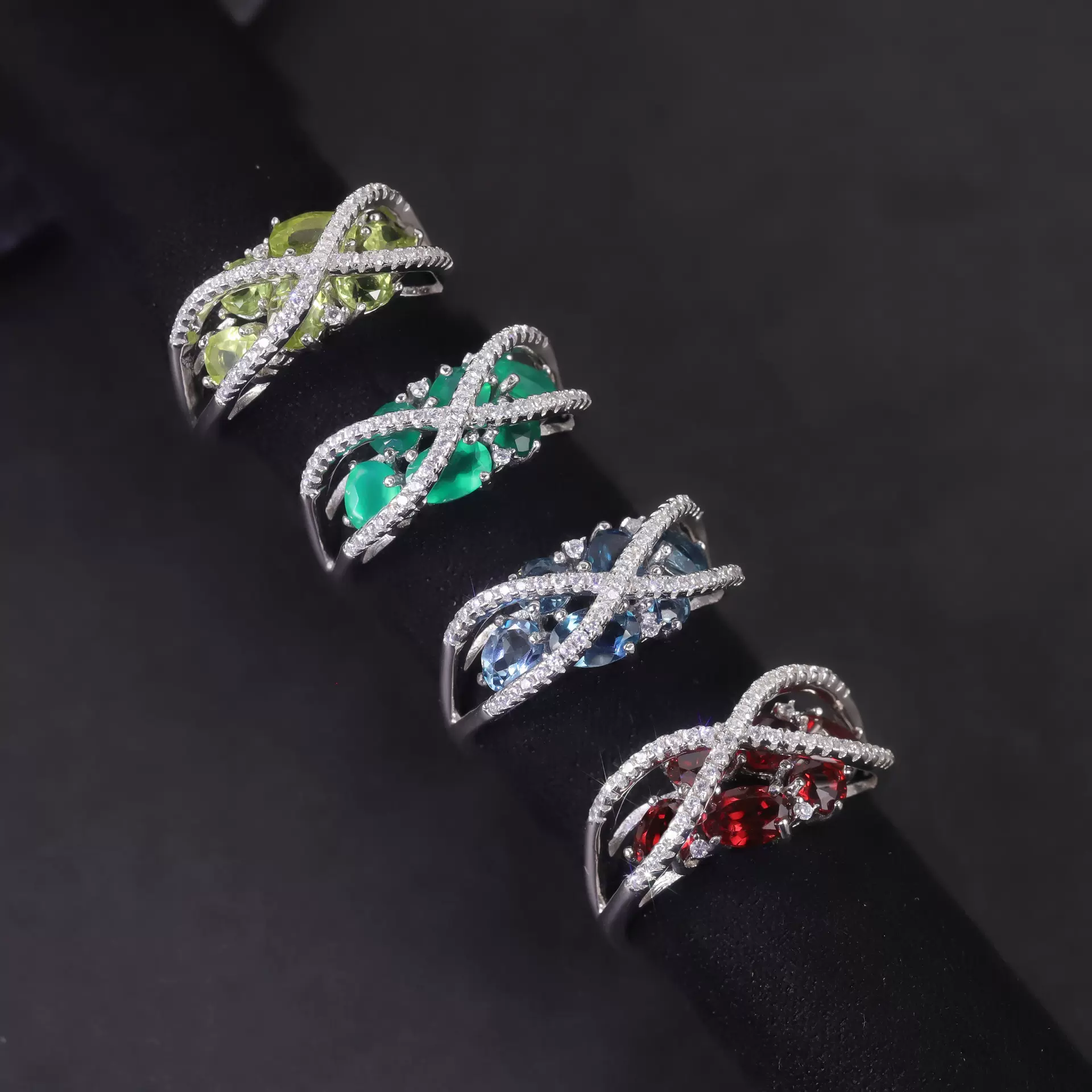 欧美天然托帕石戒指s925银群镶绿玉髓石榴石橄榄石彩宝跨境戒指