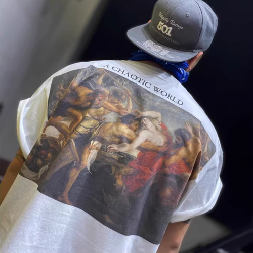 Printed Youth Loose Fit Chinese Trend Crew Neck 2025 Half Sleeve Base Shirt T American Direct Spray Retro Five Finger Sleeve