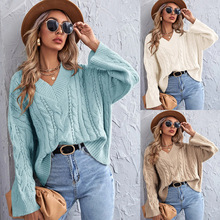 亚马逊跨境2021秋冬新款纯色宽松毛衣女V领休闲宽松套头针织上衣