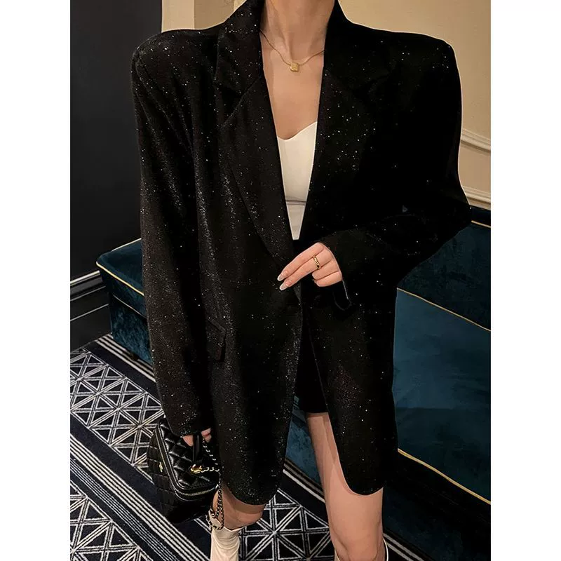 Oversized Sequin Blazer Jacket, Women's Plus-Size Suit, Retro Spring Style, XL–5XL