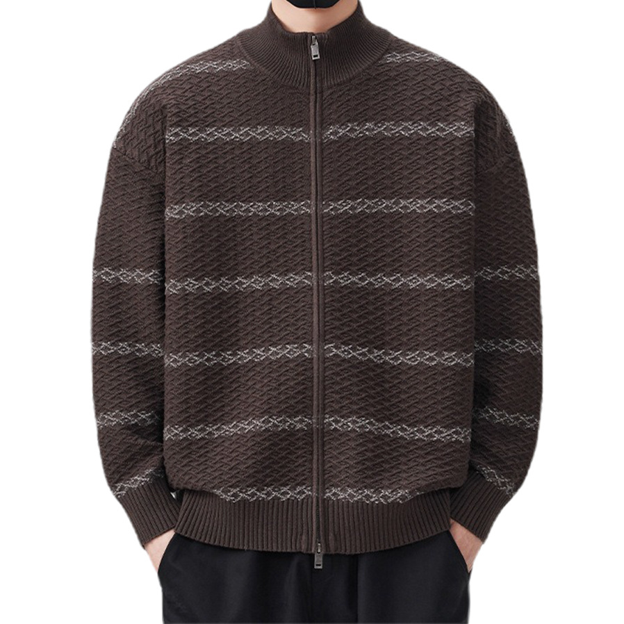 Explosiones transfronterizas de tamaño europeo de tamaño grande contraste a rayas cardigan jersey suéter texturizado hombre abrigo de cuello al por mayor fábrica
