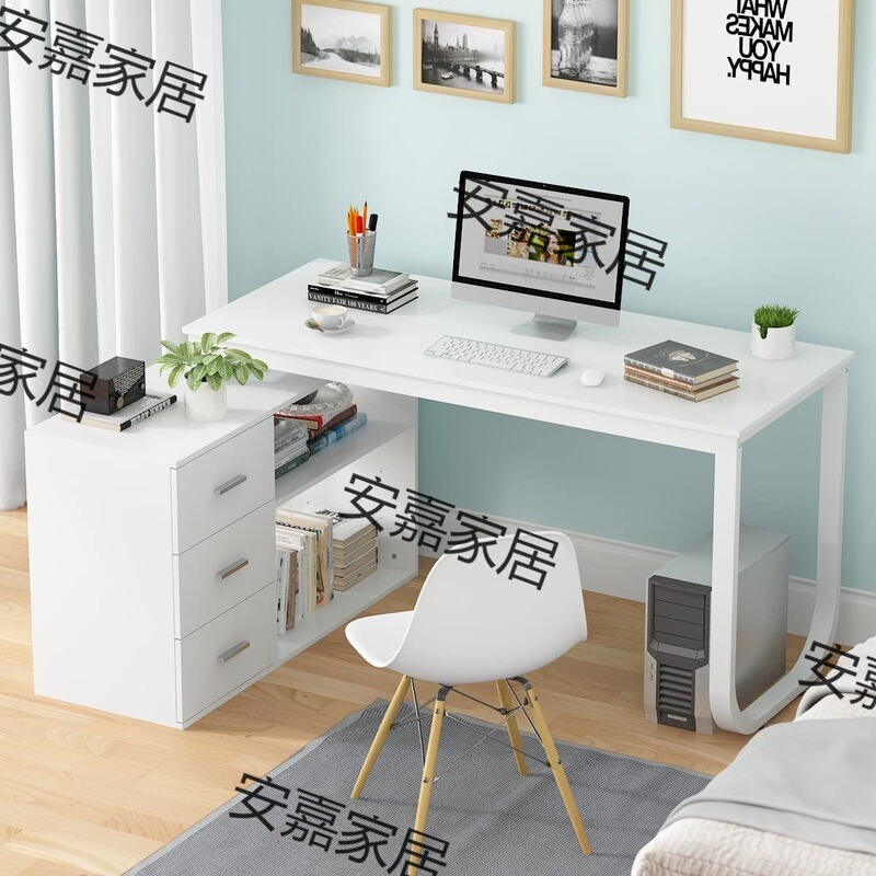 Large L-shaped 55.1-inch desk with file cabinet 3 drawers and 2 lockers single desk