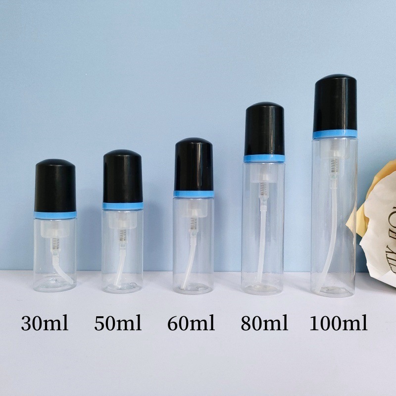 30 dientes PET mousse transparente botella 30ml100ml limpiador facial espuma botella champú espuma botella de pie en stock