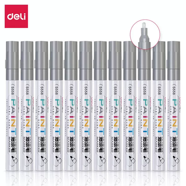 Deli S558 Paint Pen Quick-Drying Touch-Up Pen Waterproof Silver (12 Pieces/Box)