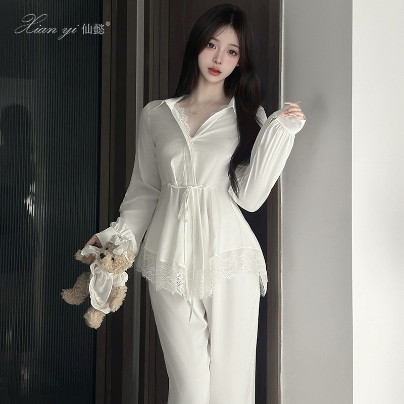 Xianyi Pure Desire Style Hollow-Out See-Through Lace Trim French Pajama Set Can Be Worn Outside, High-End Loungewear for Women 795