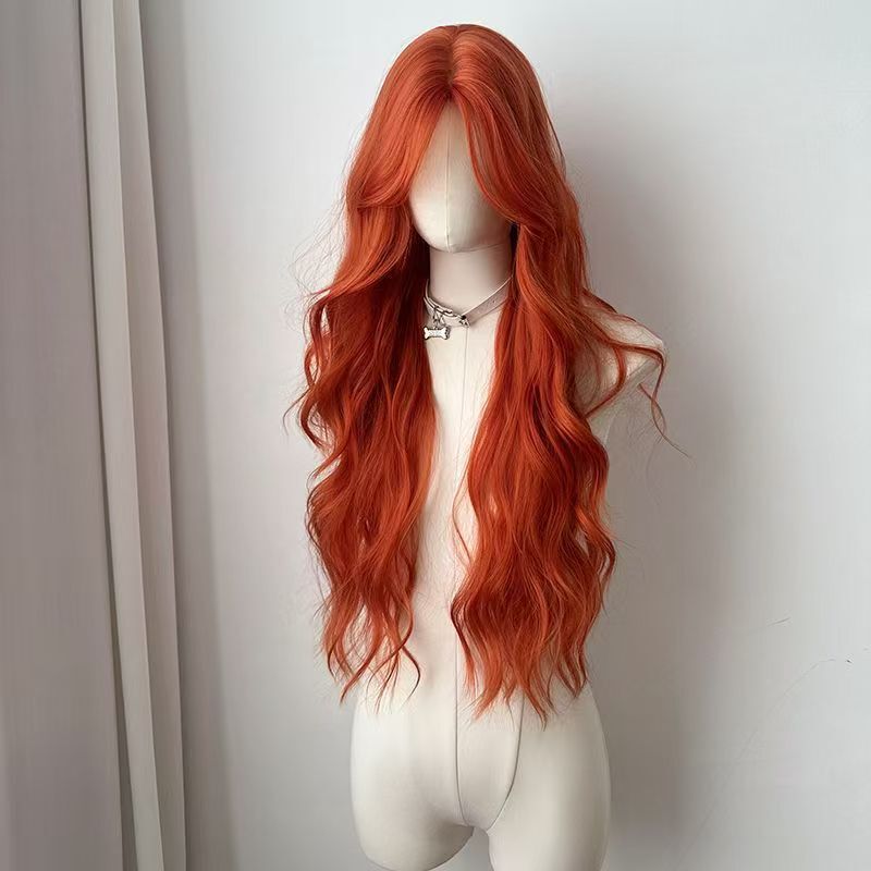 Vibrant Orange Wig for Women, Long Curly Hair, Realistic Synthetic Hair, High-Layered, Middle Parting, Large Waves, Everyday Full Natural Wig