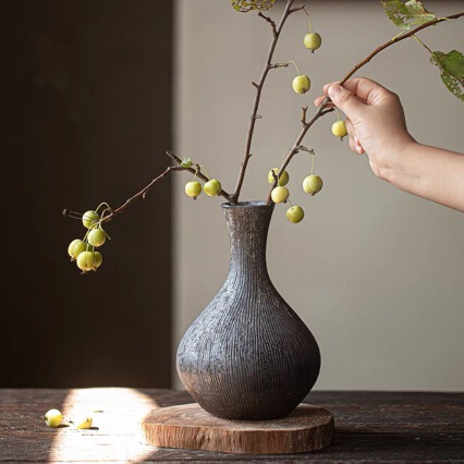 Rustic Pottery Flower Vase, Vintage Home Decor Ornament, Simple Ceramic Small Vase, Chinese-Style Creative Flower Vessel, Zen-Inspired Flower Arrangement Rustic Pottery Flower Vase, Vintage Home Decor Ornament, Simple Ceramic Small Vase, Chinese-Style Creative Flower Vessel, Zen-Inspired Flower Arrangement