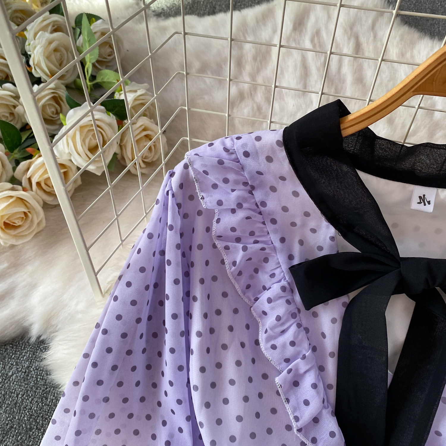 Women's French Sweet Color Block Bow V Neck Long Sleeve Dress Summer Polka Dot Ruffle Hem Elegant Long Skirt_ecoleips.com