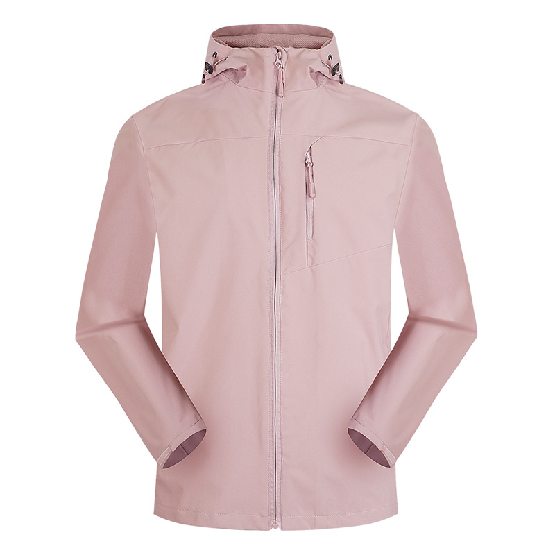 Nueva moda al aire libre de cáscara suave de una sola capa de color sólido chaqueta de primavera y otoño viajes montañismo chaqueta con capucha chaqueta en stock impresión