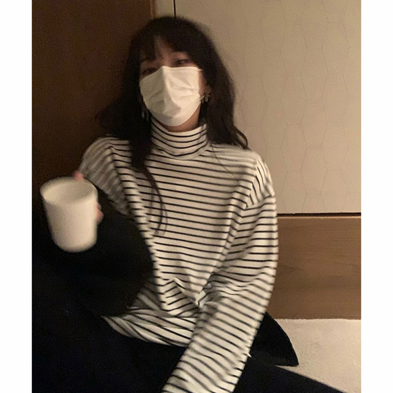 长袖T恤女秋新款韩版学院风条纹上衣少女修身休闲百搭高领打底衫