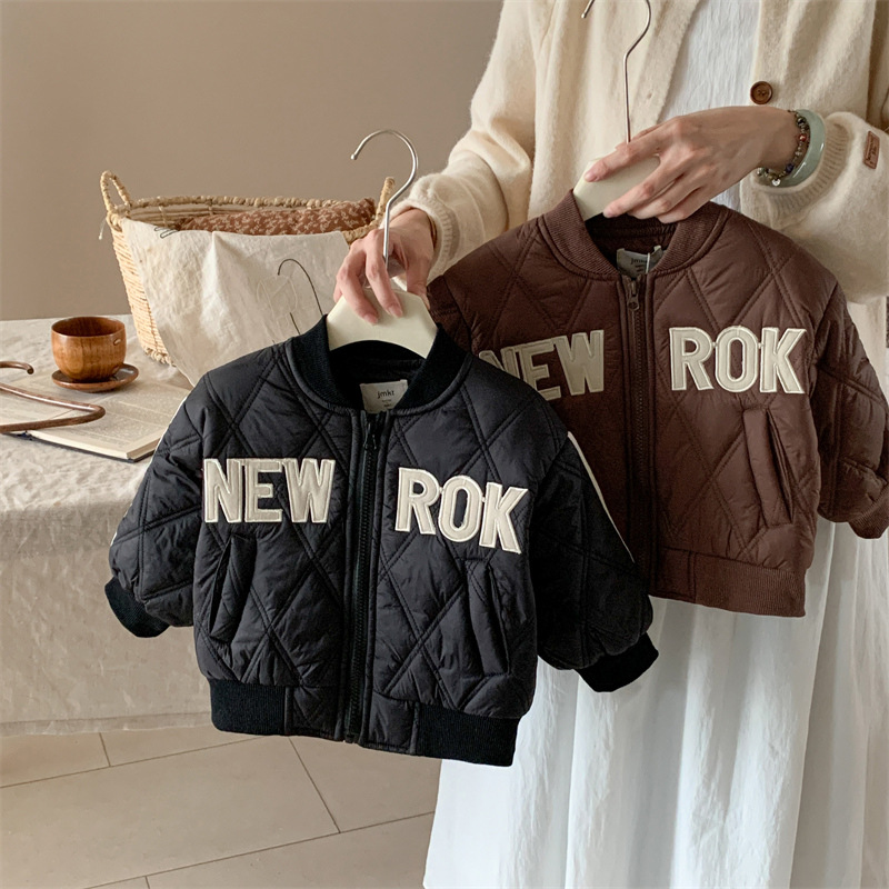 男童加绒棉服2025冬季新款儿童棉衣字母印花宝宝洋气冬装加厚外衣