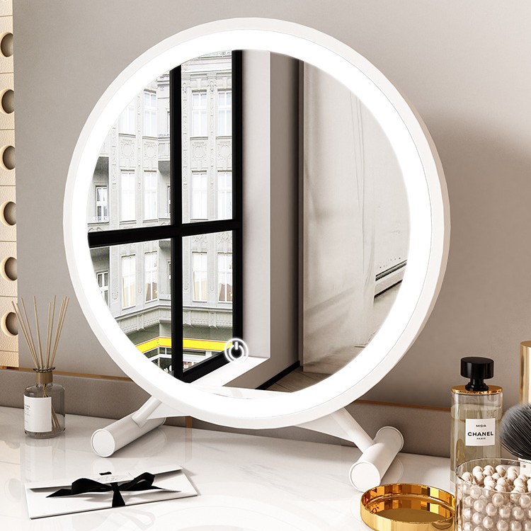 Espejo de maquillaje moderno simple inteligente LED tricolor espejo redondo de escritorio dormitorio en línea de los estudiantes espejo de escritorio