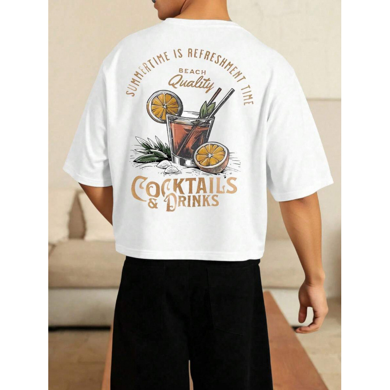 European Size Pure Cotton Men's Boxy Cropped T-Shirt, Stylish Printed Short-Sleeve
