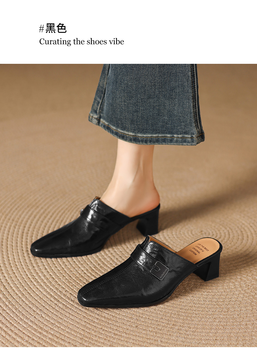 Dép sandal cao gót nữ mũi nhọn quai ngang da dê gót thô 5 cm — đen chi tiết 7