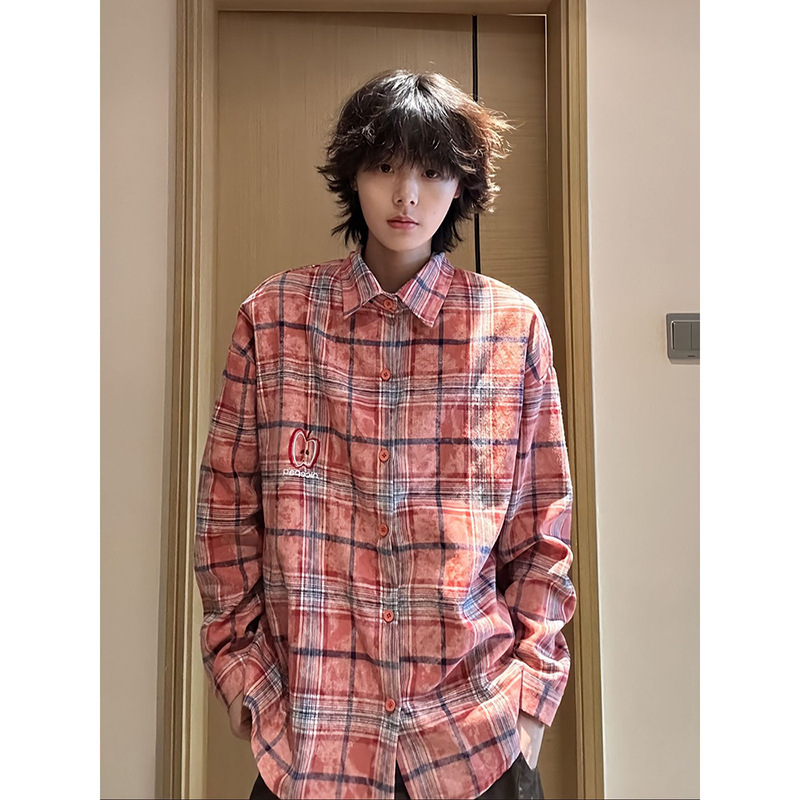Apple Embroidered Red Plaid Shirt for Men, Autumn Lazy Style Long-Sleeved Shirt, American Retro Couple Cardigan Jacket Apple Embroidered Red Plaid Shirt for Men, Autumn Lazy Style Long-Sleeved Shirt, American Retro Couple Cardigan Jacket