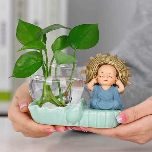 New Zen style straw hat little monk water-cultured green radish hydroponic decoration home office desktop ornaments vase flower utensils