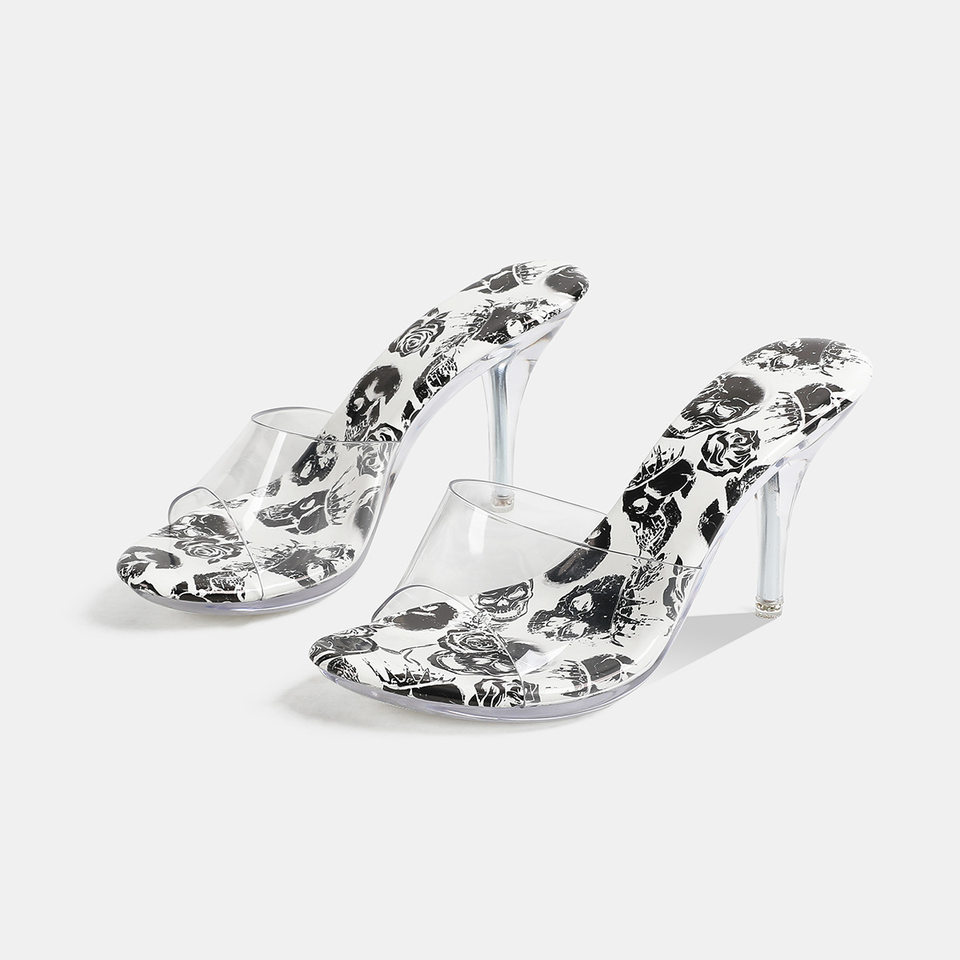 Dép sandal nữ quai ngang mũi hở, đế mỏng gót nhọn cao trên 8 cm, phối họa tiết trong suốt — Màu xanh da trời, trắng, đen