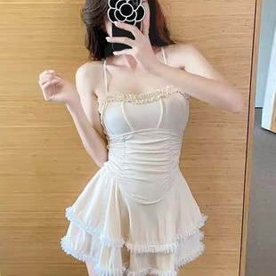 2024 New Swimsuit Women's Hot Spring Belly Covering Slimming and White Gathered Japanese Girl's Conjoined Super Fairy Vacation Swimsuit