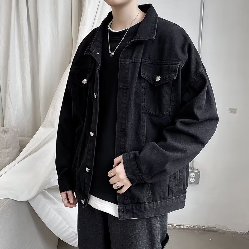 High Street Handsome Washed Gradient Denim Jacket for Men in Autum Loose Casual Distressed Retro Work Jacket for Boys