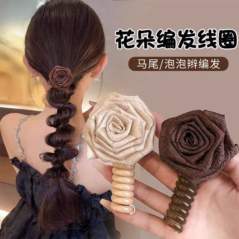 法式布艺玫瑰花发绳女电话线发圈泡泡编发头绳加粗高弹力皮筋批发|undefined