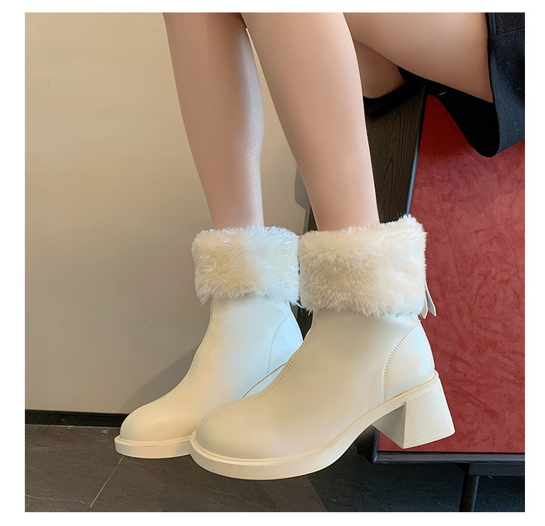 Women’s White Ankle Boots With Velvet Lining And Block Heels_voghion.com