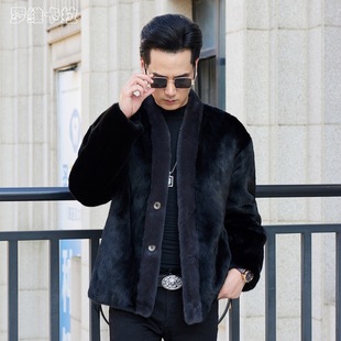 Black and Gray V Neck Robe Men's Imported Mink Outwear Whole Mink Fur Outwear Haining Fur All-in-one