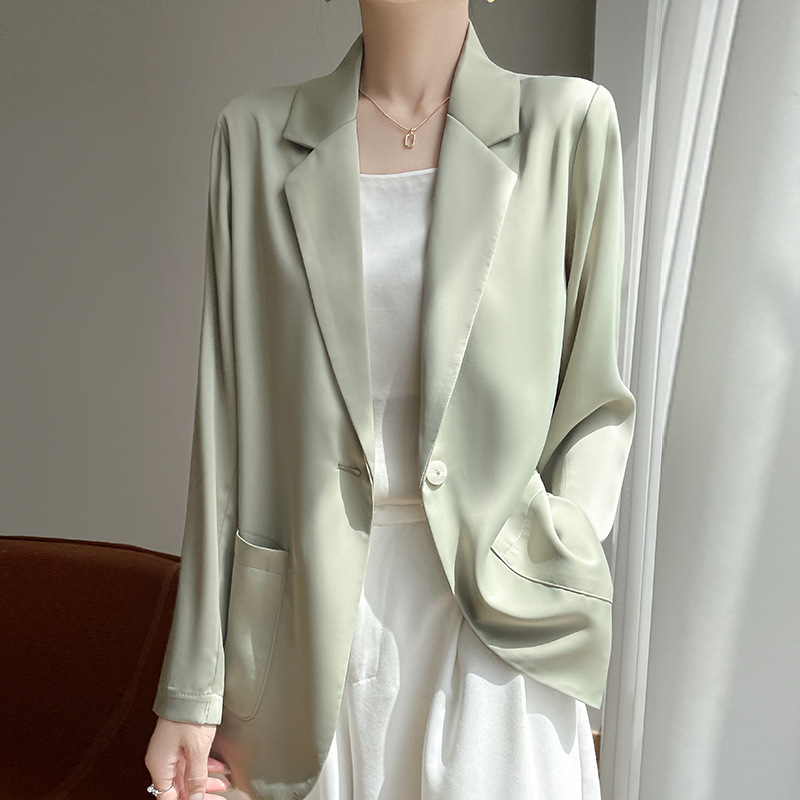 Summer Thin Acetate Blazer for Women, High-End Work Clothing, Versatile, Slimming Look, Casual, Loose, Satin Long-Sleeved Suit